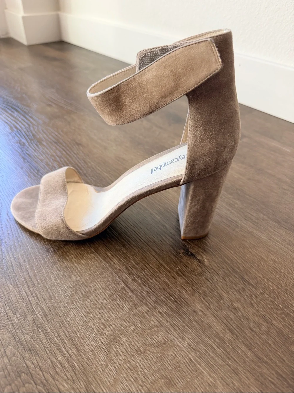 Jeffrey Campbell Taupe Suede Block Heel Sandals with Ankle Strap
